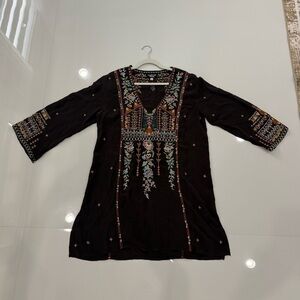 Johnny Was Black Embroidered V-Neck Tunic Dress